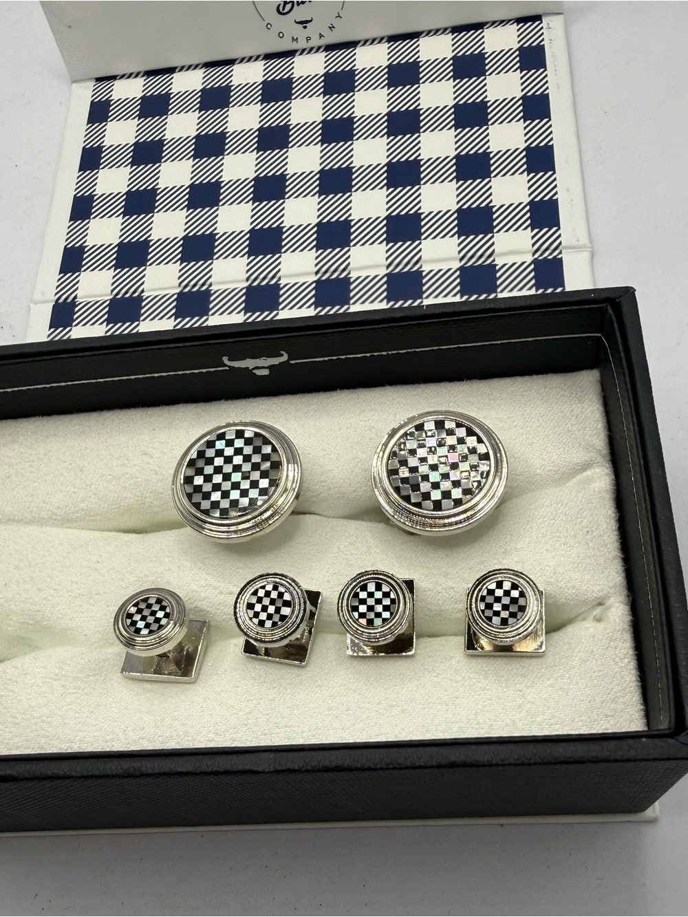 Sterling Silver 925 BLACK & White Checkerboard Cufflink and Stud Set -
